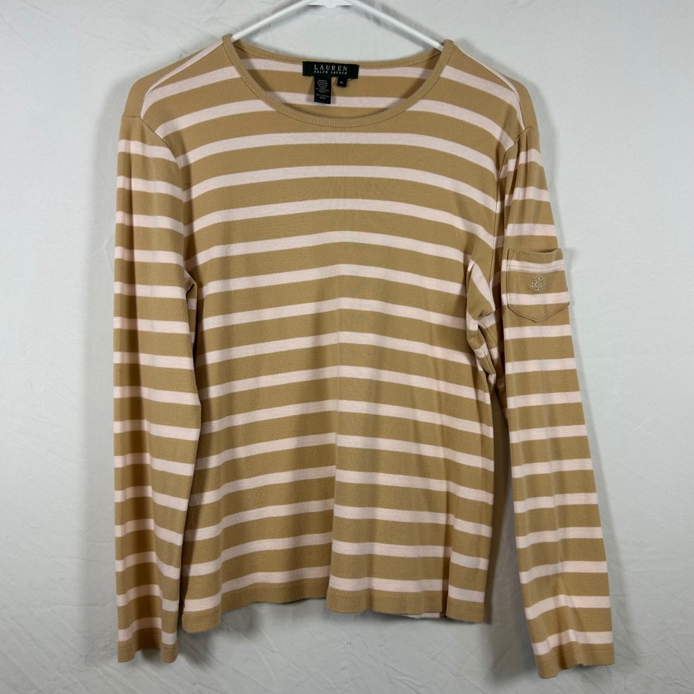 Lauren Ralph Lauren Tan Pink Striped Long Sleeve Top Logo Sleeve Pocket‎ XL